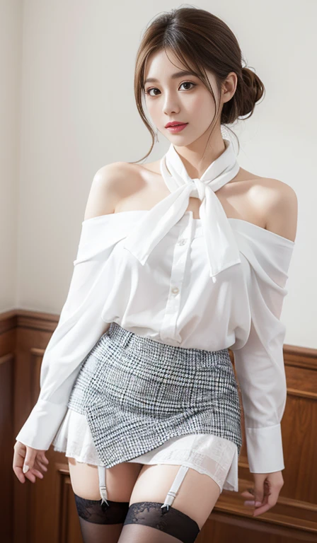 4K beauty,White short shirt shawl,Mini plaid skirt(8cm),White garter stockings
