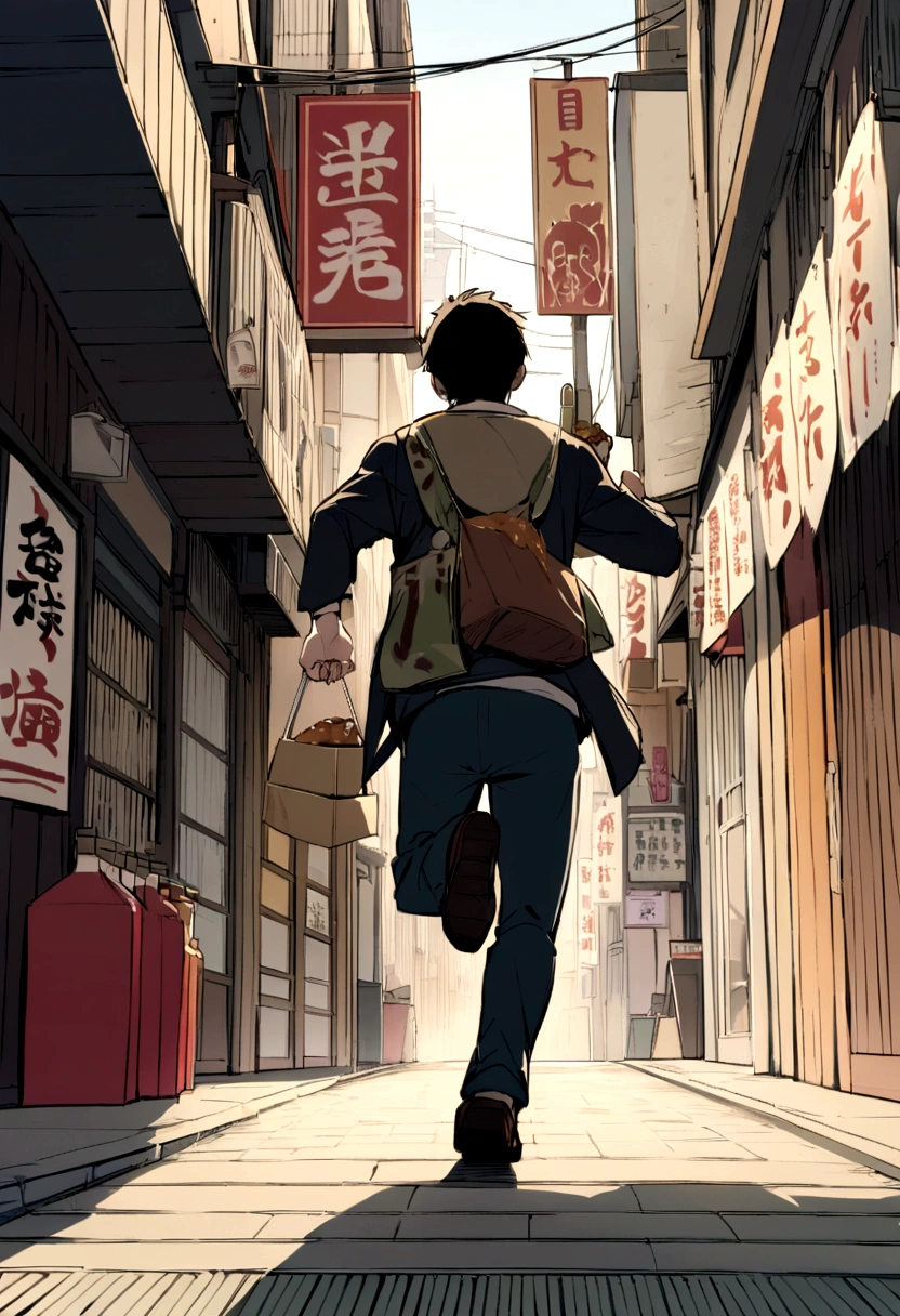 Boy is running in hurry, he is running on a street in Tokyo Japan, his hand is taking Butadon Sauce for Japanese food, show his hand takes a bottle Butadone sauce, and also show sign plate in Japanese Language on building