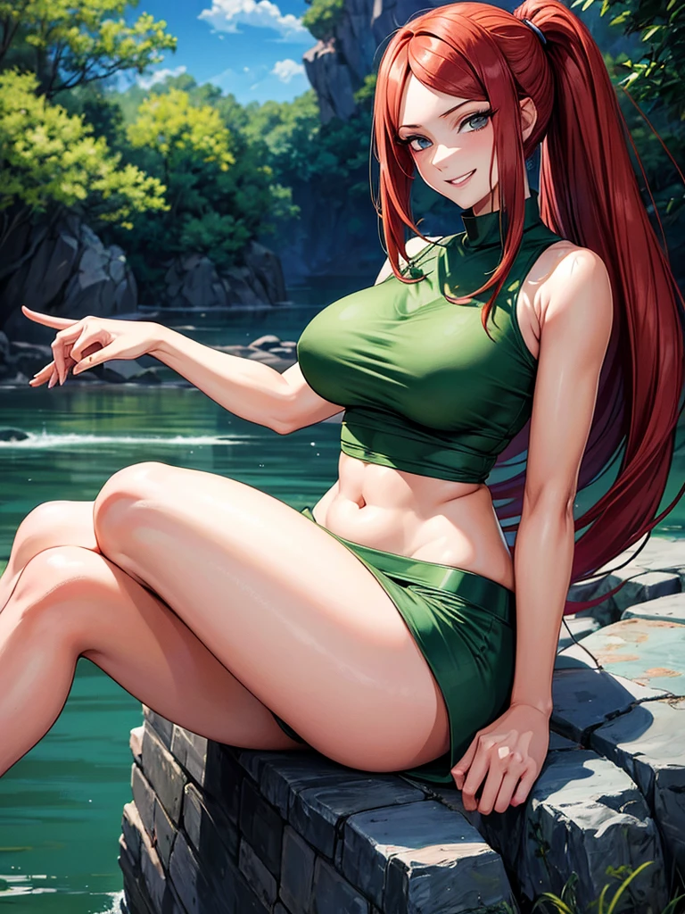 uzumaki_kushina,massive big breasts, medium thighs, medium ass, solo, green shirt,shirt up,navel, ponytail,tight dress, short skirts, masterpiece, best quality, detailed face, detailed eyes, highres, (masterpiece:1.4, best quality:1.2), (Highres), (Detailed Illustration), Ultra-Detailed, konohagakure, leg spread,looking in front, smiling playfully with a mischievous glint in the eyes