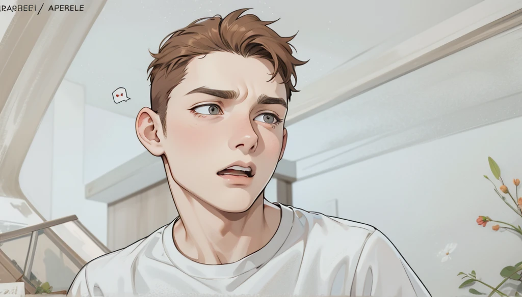 He is talking, he opens his mouth, he is scared and he is surprised, he asks for forgiveness, he has brown hair, he is 18 years old, he speaks with fear.