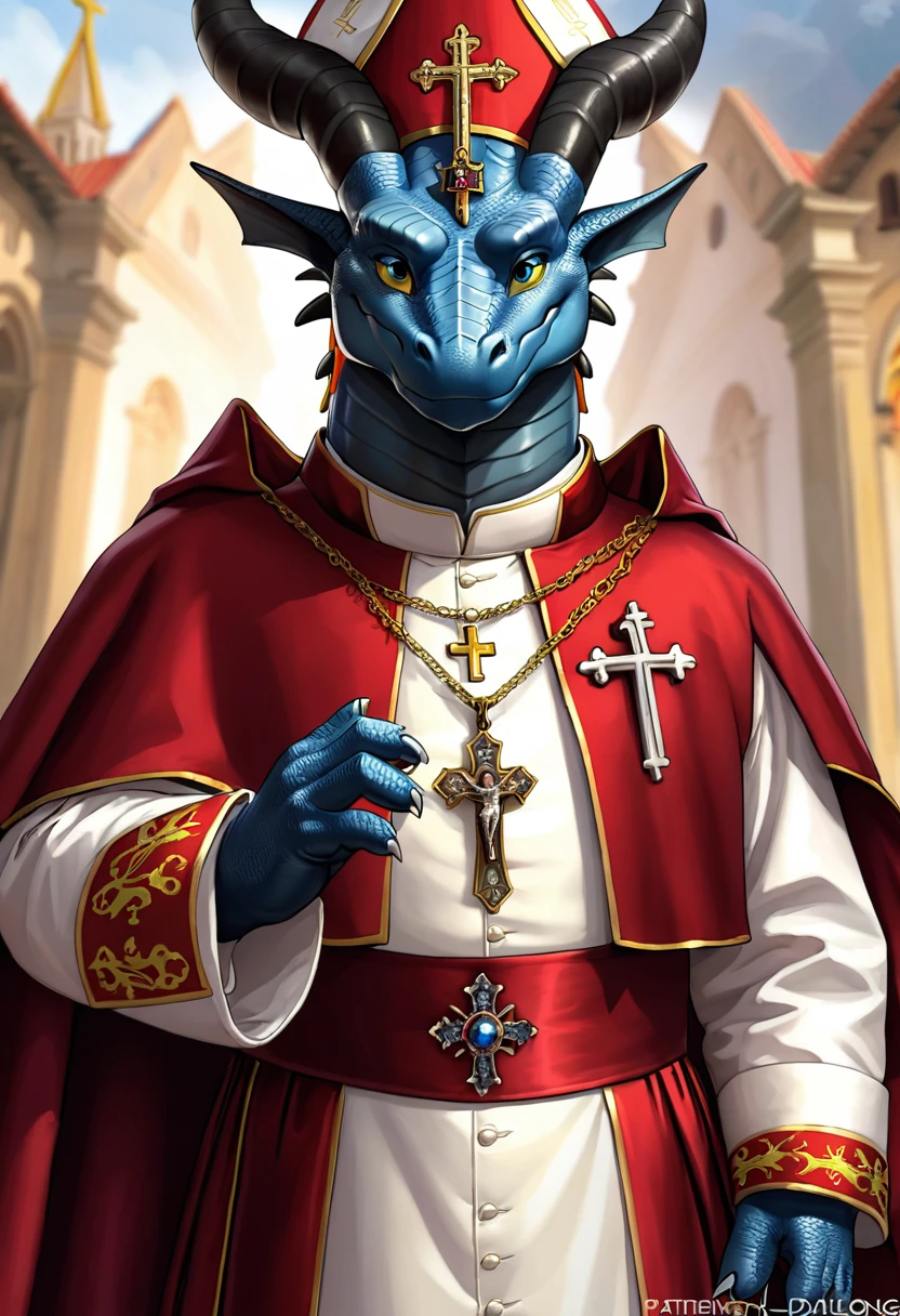 human nature, cannon, male, solitary, ((the strong,Handsome)), (dragon),((Traditional Catholic Pope outfit,Western dragon dragon horn)), standing,((Traditional Catholic style)),Hand in hand cross,high quality, (4K,high quality, high resolution, masterpiece), Front view (close up), cartoon,by lindong