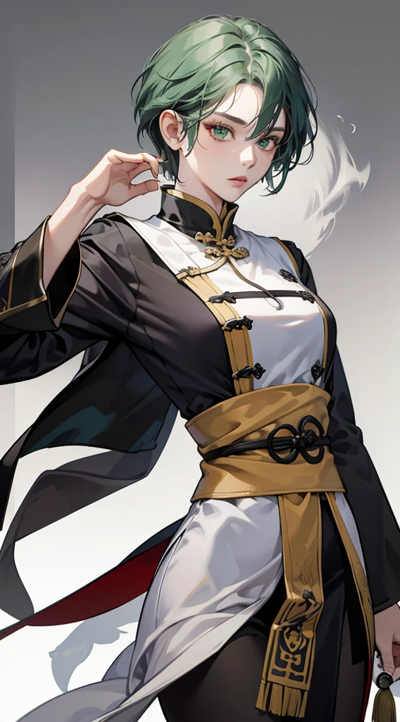 Masterpiece, Best quality, 1 Female, Mature Woman, Elder Sister, Royal Sister, Cold Face, strong, green eyes, wolfcur short hair, smoky color hair, resolute eyes, simple white Taoist Taoist uniform, black accessories, sarashi, one shoulderancient, Chinese mix morden, blank background, remove background