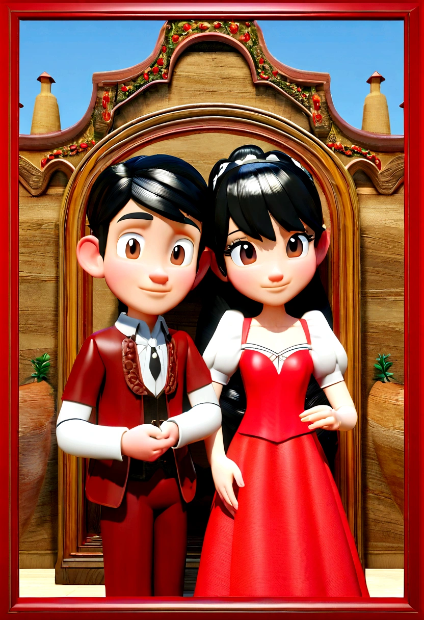 Disney-Pixar movie Poster Couple feeling in love in งานแต่ง นังบนเก้าอี้ ผู้หญิง+black hair+brown eyes+Red dress , man+black hair+white shirt. in 3D Disney-pixar style ประมาณนี้ค่า