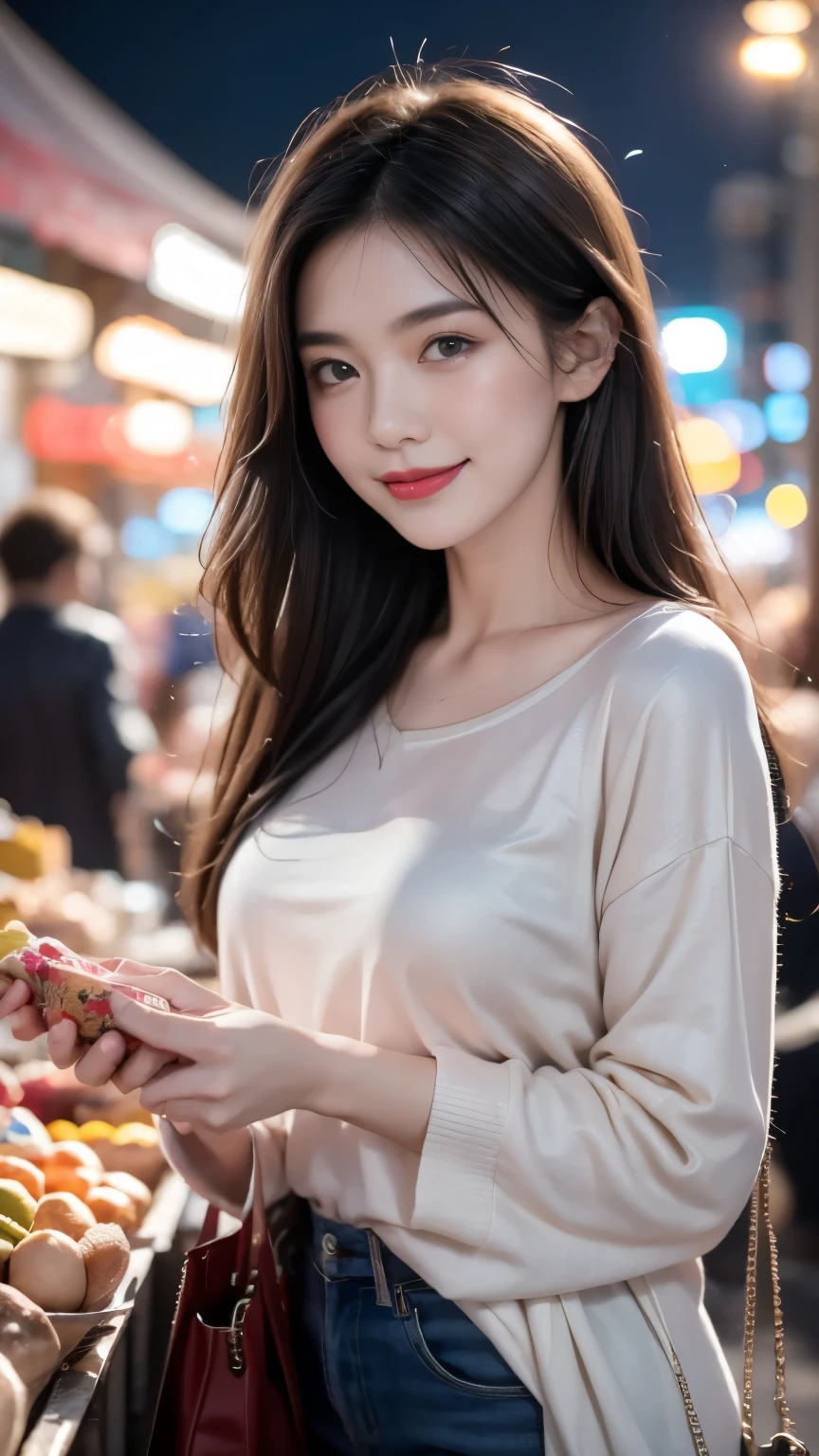 Bustling night market. The woman was wearing casual clothing, Bring snacks, Her face was full of joy and satisfaction..