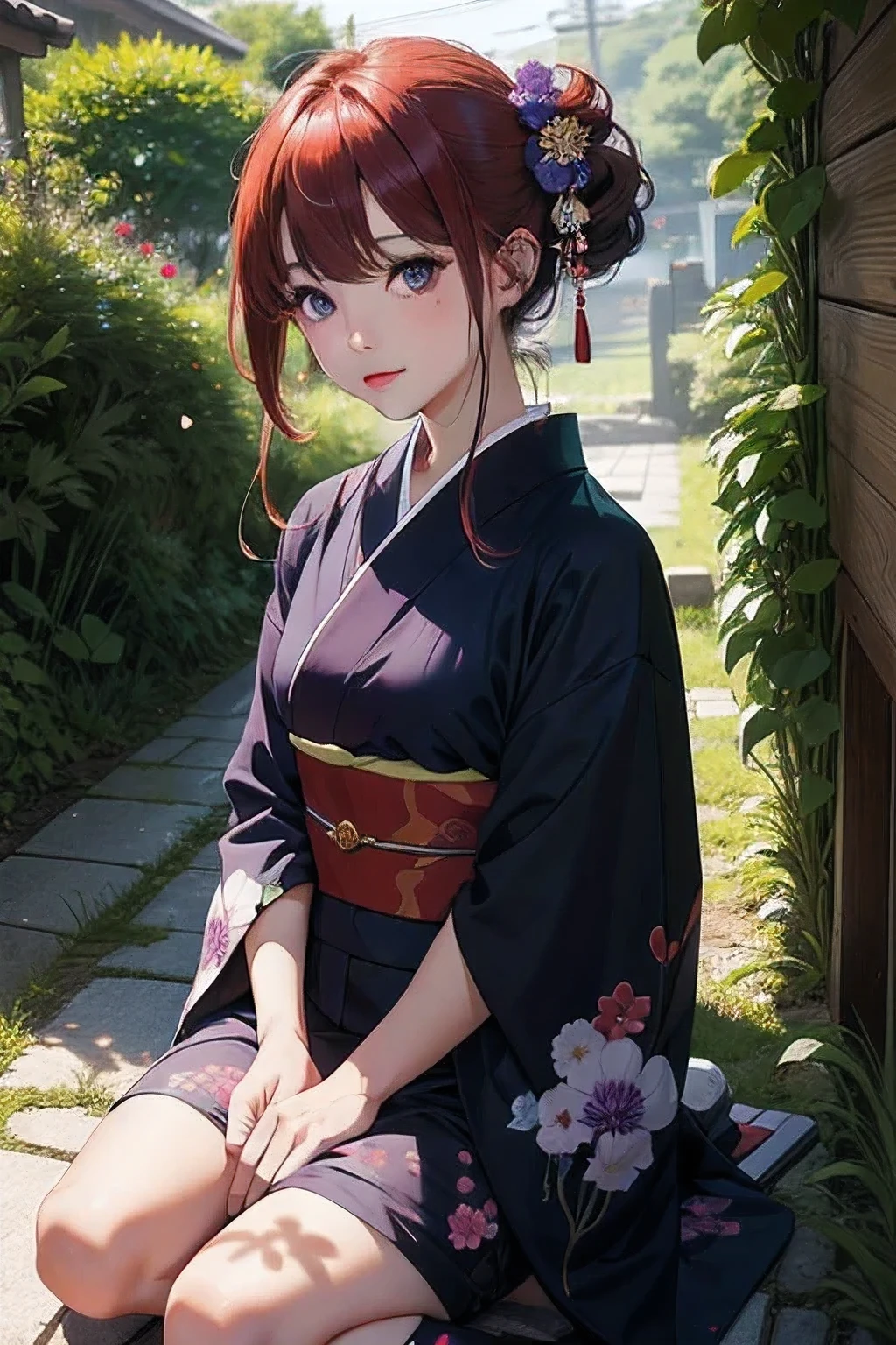 real, 1girl, Red hair, Purple eyes, Japanese kimono decorated with flowers, shore, Light particles, Rays of light, Wall paper,