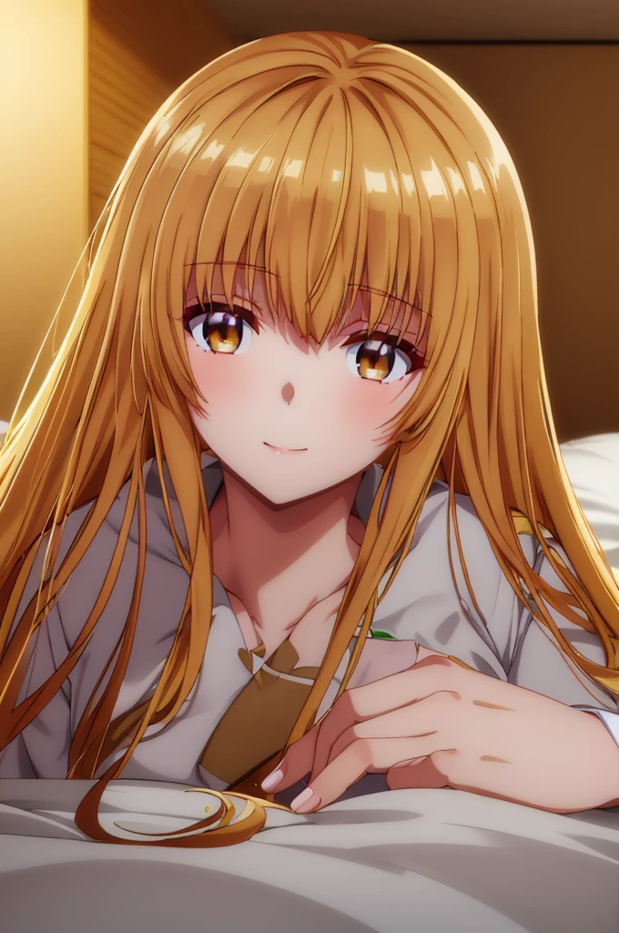 Shiina mahiru,Long Hair,blonde,blondeの目,Medium chest,uniform,On the bed,smile, BREAK (masterpiece:1.2), highest quality, High resolution, unity 8k wallpaper, (shape:0.8), (Beautiful and beautiful eyes:1.6), Highly detailed face, Perfect lighting, Highly detailed CG, (Perfect hands, Perfect Anatomy),