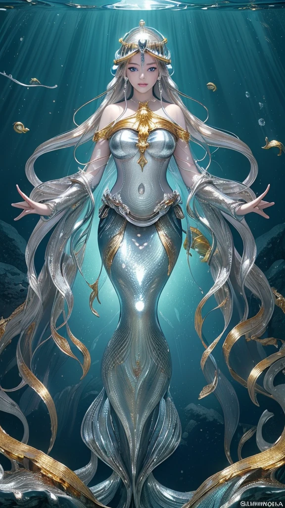 (masterpiece),(high quality),(slime girl),(1girl),(translucent skin:1.3),(transparent body:1.4),(shell bikini), submerged in water, body mixed and intricate with water, (extremely detailed and beautiful golden eyes), very long blue hair, shiny body, shiny eyes, fish, beam of sunlight passing through the place, dolphins, a spectacle around you in an extremely beautiful landscape, (image with rich details ),