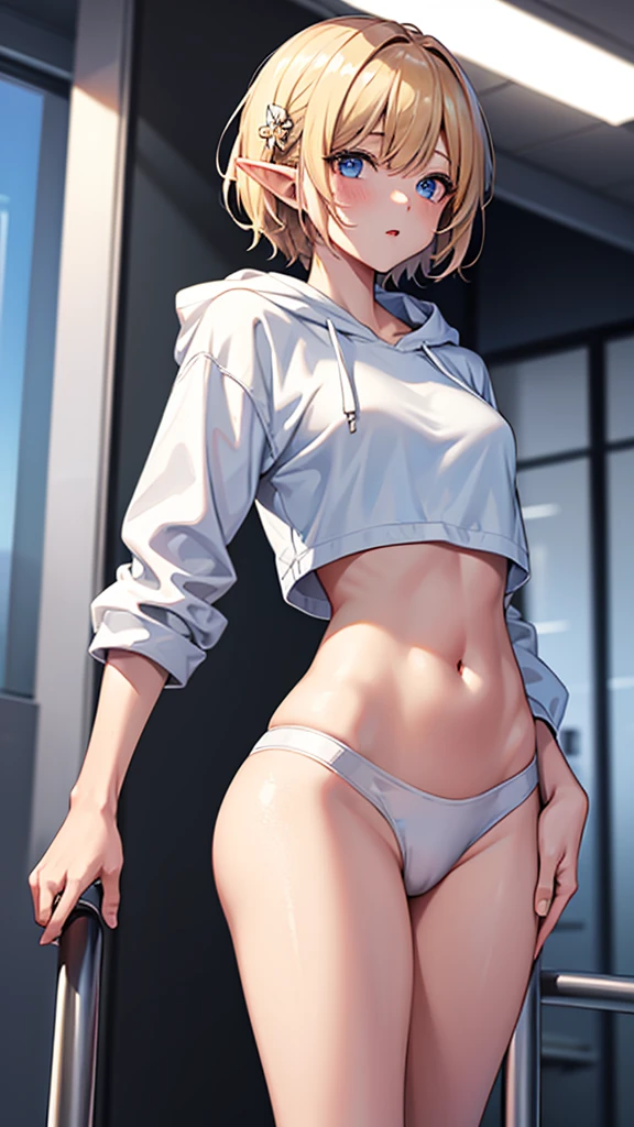 超detailed、Transcendently beautiful、Open chest, Tan Skin Elf、Portrait photo of a 20 year old woman、Sunset Beach、 detailedな背景画、Dark Forest、Blue Eyes, detailedな目、detailedな手脚、White hoodie、particle、Bright red lips, (masterpiece) (Highest quality) (detailed) (8K) (High resolution) (Cinema Lighting) (Sharp focus)、alone、Blonde、short hair、((blush: 0.8)), Natural skin texture, Transparent skin、Delicate hair ornament、Gym suit、Bloomers、Dripping Water、Clean sweat、