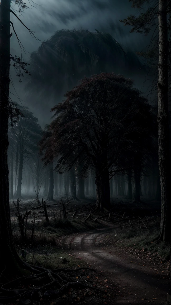a dark and sinister forest, twisted and dead trees, dense fog covering the ground, dry and crackling branches, lurking shadows, (best quality,4k,8k,highres,masterpiece:1.2),ultra-detailed,(realistic,photorealistic,photo-realistic:1.37),dark fantasy,moody lighting,dramatic shadows,gloomy atmosphere,haunting,ominous,gothic,cinematic