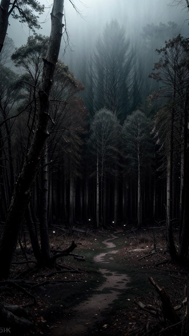 a dark and sinister forest, twisted and dead trees, dense fog covering the ground, dry and crackling branches, lurking shadows, (best quality,4k,8k,highres,masterpiece:1.2),ultra-detailed,(realistic,photorealistic,photo-realistic:1.37),dark fantasy,moody lighting,dramatic shadows,gloomy atmosphere,haunting,ominous,gothic,cinematic