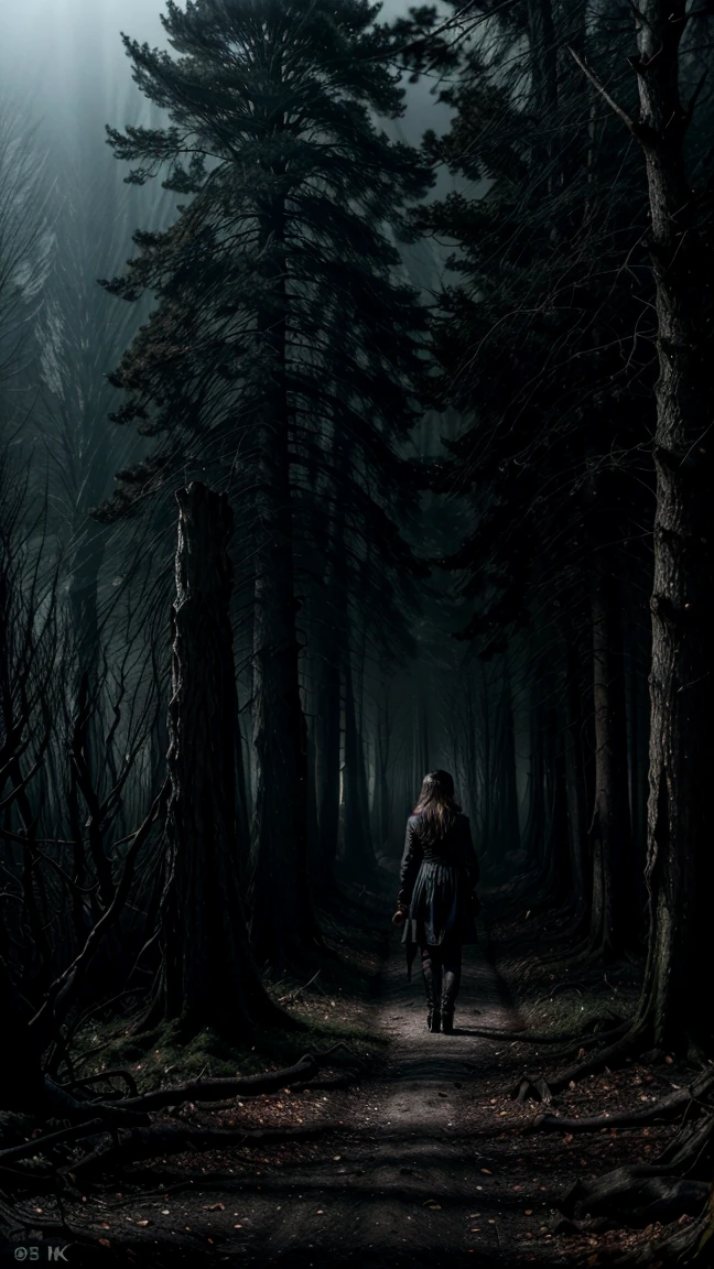 a dark and sinister forest, twisted and dead trees, dense fog covering the ground, dry and crackling branches, lurking shadows, (best quality,4k,8k,highres,masterpiece:1.2),ultra-detailed,(realistic,photorealistic,photo-realistic:1.37),dark fantasy,moody lighting,dramatic shadows,gloomy atmosphere,haunting,ominous,gothic,cinematic