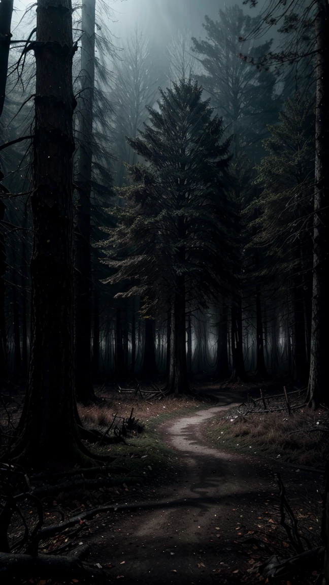 a dark and sinister forest, twisted and dead trees, dense fog covering the ground, dry and crackling branches, lurking shadows, (best quality,4k,8k,highres,masterpiece:1.2),ultra-detailed,(realistic,photorealistic,photo-realistic:1.37),dark fantasy,moody lighting,dramatic shadows,gloomy atmosphere,haunting,ominous,gothic,cinematic