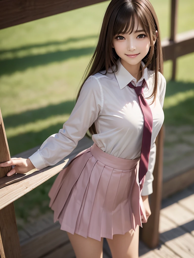 8K, Highest quality, The real picture, Intricate details, Very detailed, Ultra-high resolution, Depth Field,(Realistic,Realistic:1.2),Tabletop , ((Full Body Shot)) , ((Long, slender legs)), 1 girl, eye_Chan, Very beautiful  girl, innocent big eyes,、Beautiful breasts:1.5、非常に詳細なeye:1.2)、(Beautiful breasts:1.1)、((Brown Hair))、(Long Bob Hair), Asymmetrical bangs, Perfect Skin, Fair skin, Small breasts, Tight waist, alone, Staring at the audience, (smile)、((School_uniform), (White shirt、Wear a tie), (Pink checkered pleated micro mini skirt), ((Fold your arms in front of your chest and act arrogantly)), ((楽しそうなsmile)), ((Perfect hand shape))