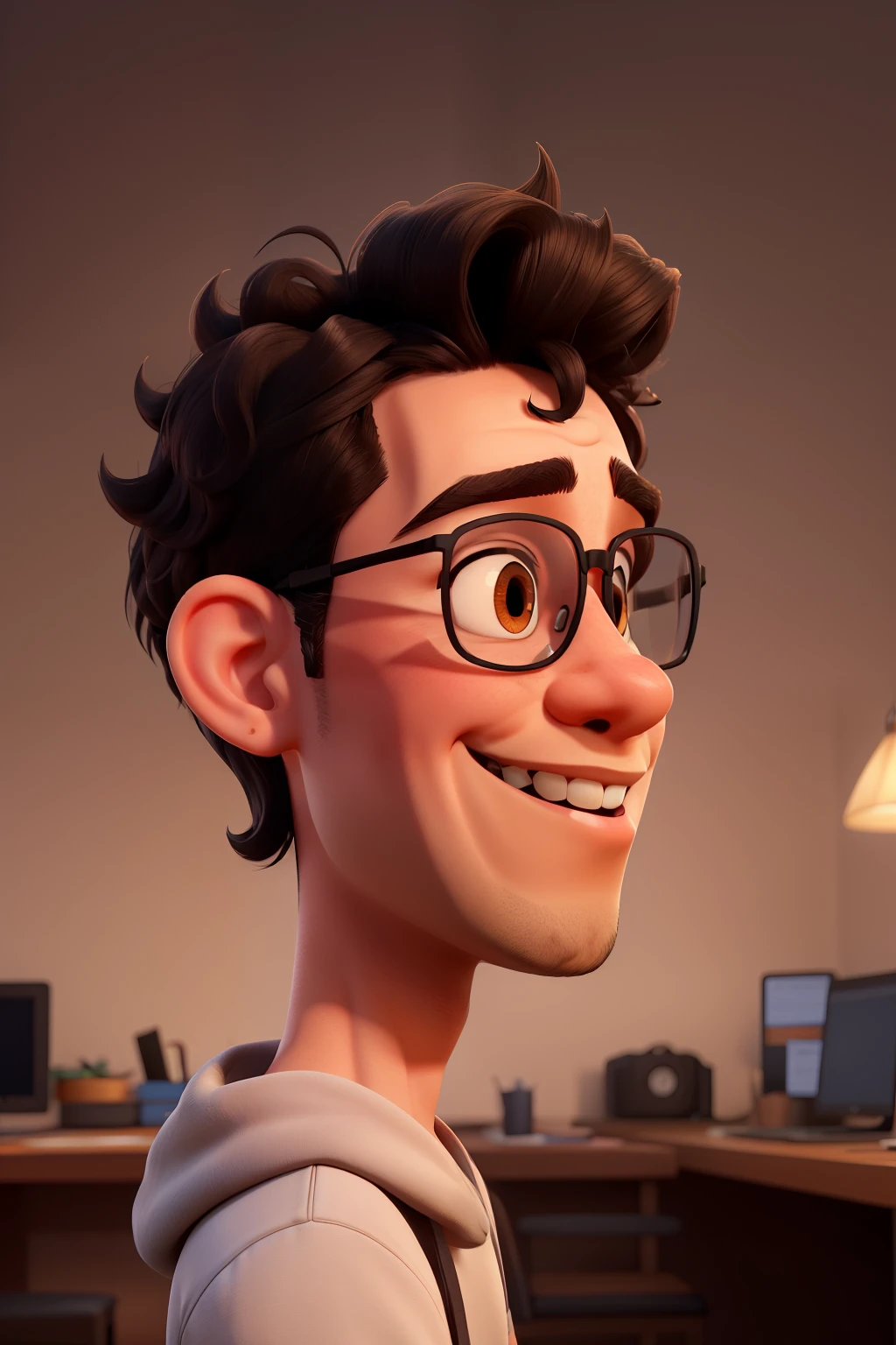 Generate a face-only doodle art, of a boy young man programmer, brown skin color, with rectangular glasses, detailed black short curly curly hair, a very big smile, that is in side profile.