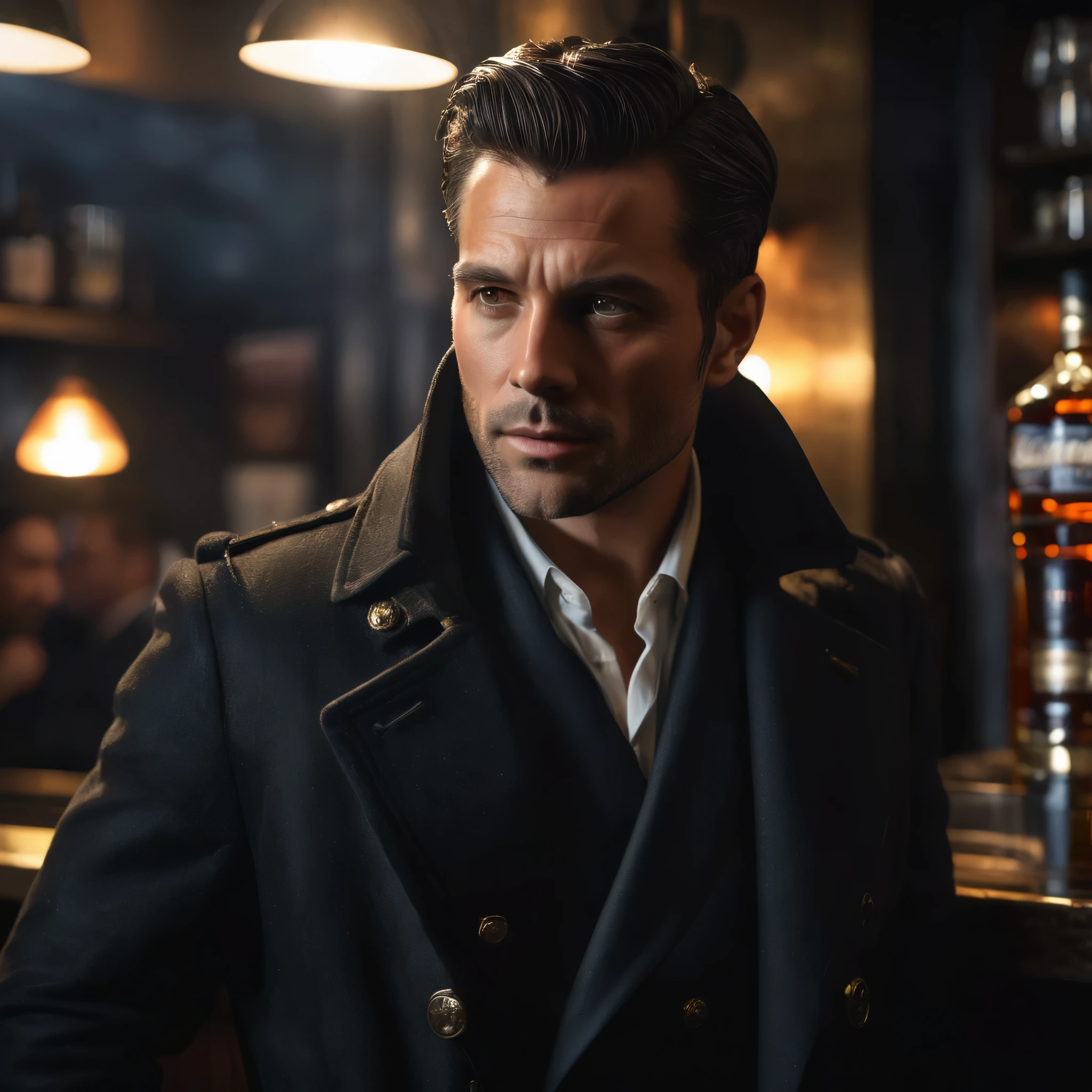 a man in a black trenchcoat drinking bourbon at a bar,detailed facial features,intense gaze,dramatic lighting,cinematic composition,moody atmosphere,realistic render,3d,high quality,detailed textures,intricate details,photorealistic,studio lighting,dark colors,chiaroscuro,film noir style