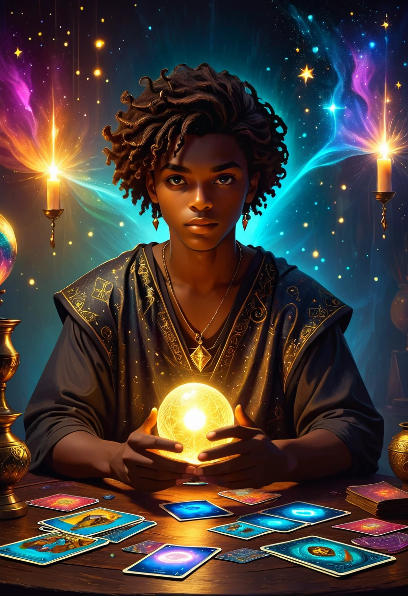 Impressionism, Practical, 1 boy, fortune teller, Tarot cards on the table, Looking at the audience, Dark Skin, mystery, magic, glow, glowing, dark magic lighting, Moody, Movie, spark, sparkling, dark