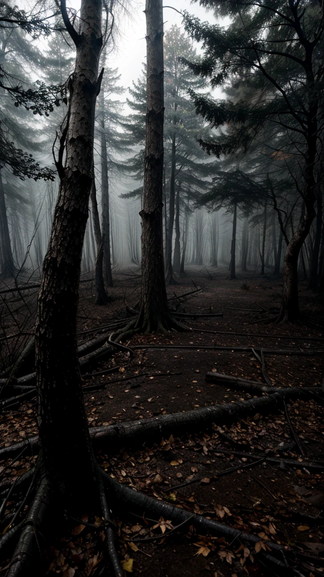 Dark and sinister forest, twisted and dead trees, dense fog covering the ground, dry and crunchy branches, lurking shadows