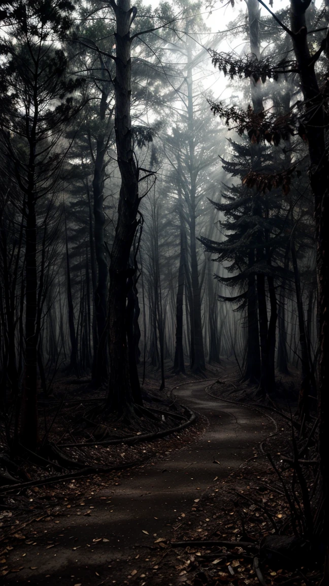Dark and sinister forest, twisted and dead trees, dense fog covering the ground, dry and crunchy branches, lurking shadows