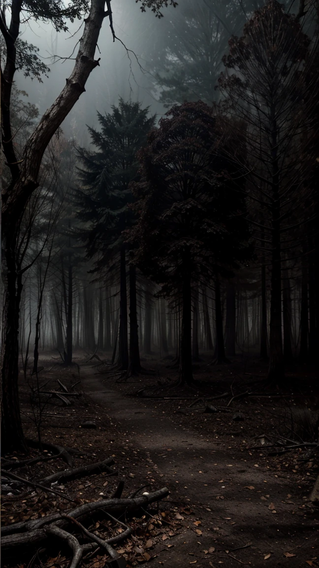 Dark and sinister forest, twisted and dead trees, dense fog covering the ground, dry and crunchy branches, lurking shadows