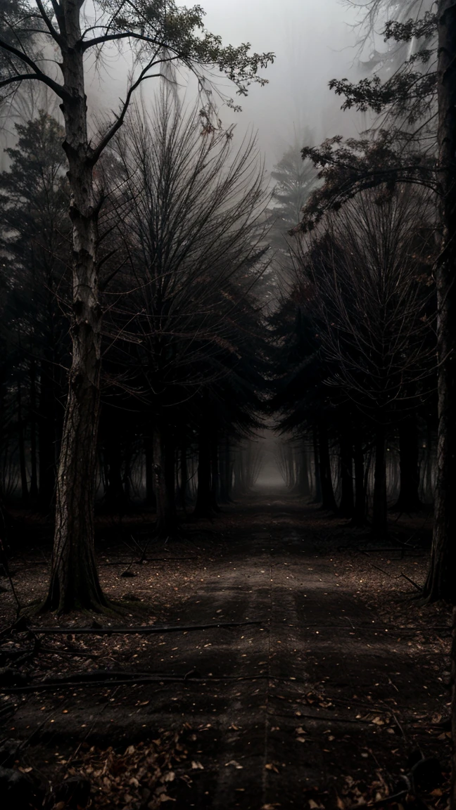 Dark and sinister forest, twisted and dead trees, dense fog covering the ground, dry and crunchy branches, lurking shadows