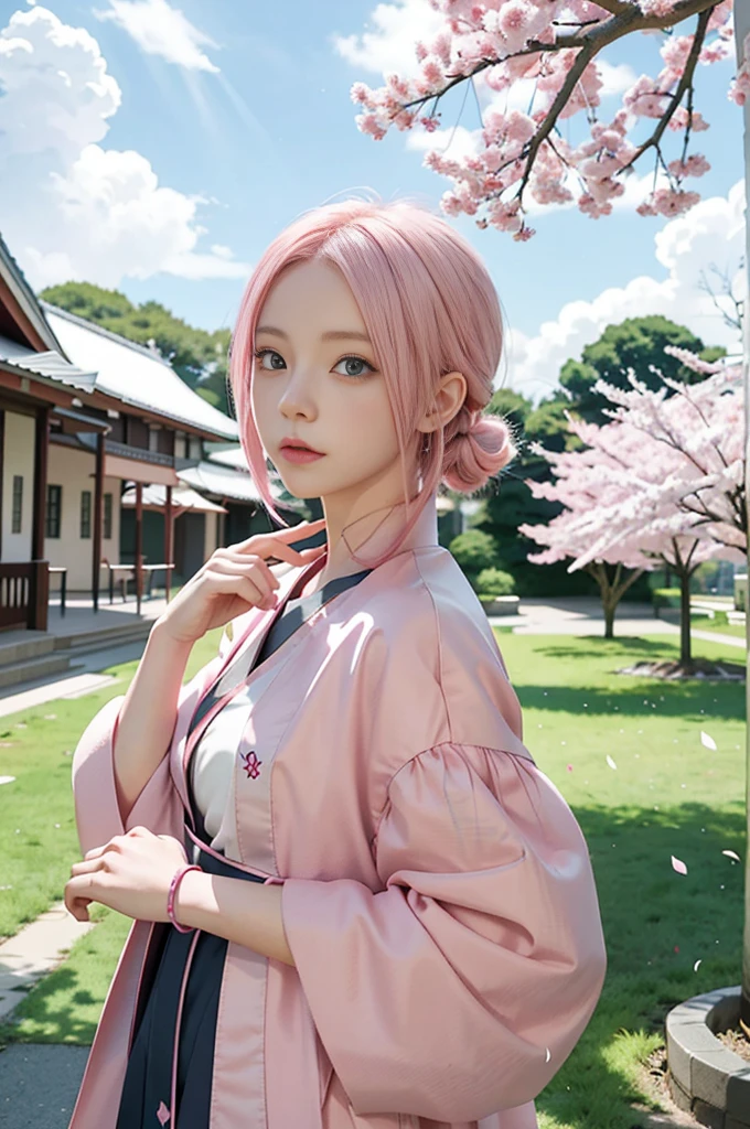 Anime girl with pink hair and blue eyes standing in front of a tree, Haruno Sakura, Haruno Sakura, Haruno Sakura in slug sage mode, Sakura petals surround her, beautiful anime portrait, young anime girl, digital animation art, Stunning anime face portraits, anime style portrait, digital anime illustration, Portrait of an anime girl, anime portrait, anime 
