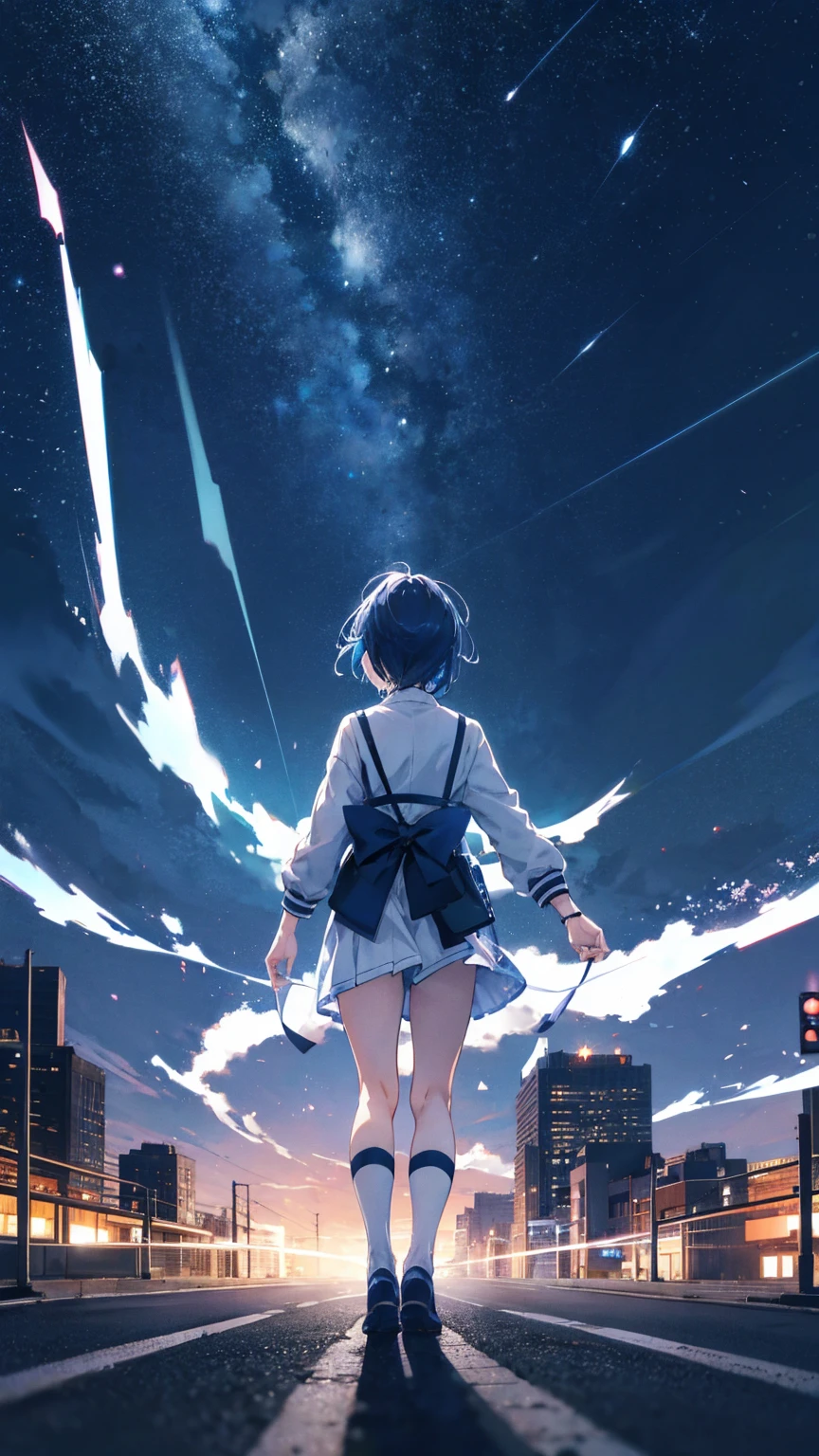 Anime boy walking on road at night with city background, Beautiful starry sky,Shining starry sky,Glowing stars,4 k manga wallpaper, Best Anime 4K Wallpapers, anime style 4 k, Anime art wallpaper 8k, anime art wallpaper 4k, anime art wallpaper 4k, 4k anime wallpaper, anime style cityscape, anime wallpaper 4k, The highest image quality,UHD,