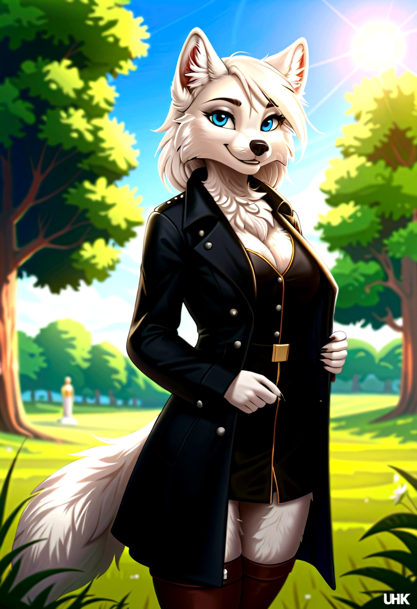 Hairy Women, arctic fox, mammal, Weaver, Weaver-pony, A beautiful furry fox girl is standing in a park posing against, She looks at the audience and smiles, She wears a black trench coat, Background blur, Field of view, sky空, sky, Beautiful blue eyes, Award-winning illustrations|Popular on ArtStation,  masterpiece|highly detailed|best quality|HD|8K|uHD|intricate details|extreme_detail
