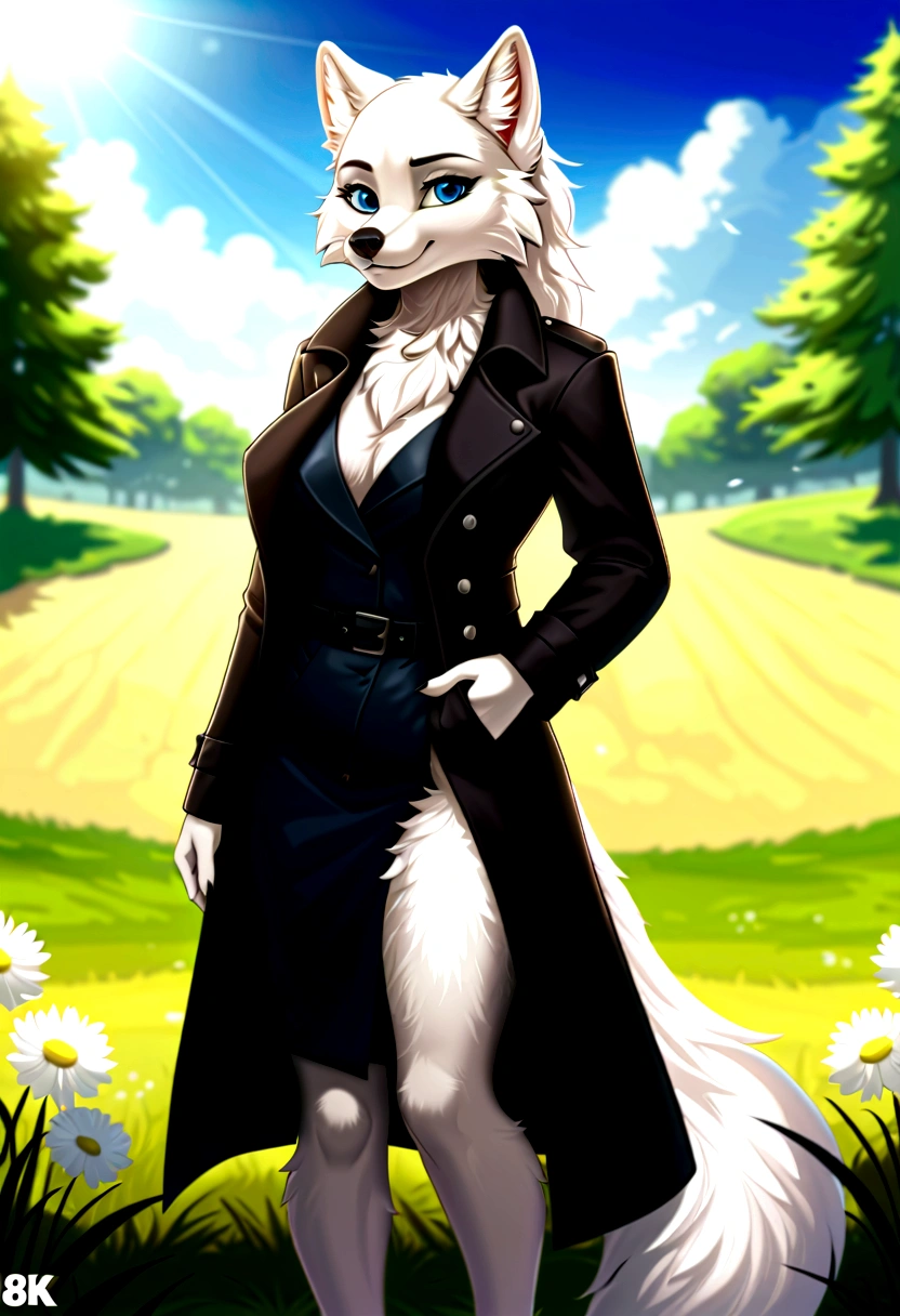 Hairy Women, arctic fox, mammal, A beautiful furry fox girl is standing in a park posing against, She looks at the audience and smiles, She wears a black trench coat, looking off to the side, Field of view, sky空, sky, Beautiful blue eyes, Award-winning illustrations|Popular on ArtStation, masterpiece|highly detailed|best quality|HD|8K|uHD|intricate details|extreme_detail