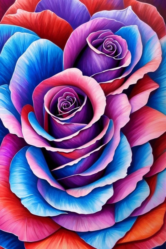 a painting of a rose with purple and blue flowers, an airbrush painting by Nene Thomas, trending on deviantart, fantasy art, beautiful color art!, beautiful!!! digital art, beautiful gorgeous digital art, beautiful detail and color, gorgeous digital art, gorgeous colors, magical colorful flowers, rich flower colors, beautiful digital art, ✏️🎨, beautiful vibrant colors