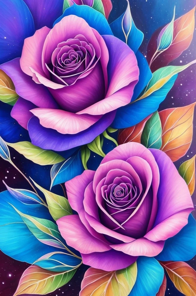 a painting of a rose with purple and blue flowers, an airbrush painting by Nene Thomas, trending on deviantart, fantasy art, beautiful color art!, beautiful!!! digital art, beautiful gorgeous digital art, beautiful detail and color, gorgeous digital art, gorgeous colors, magical colorful flowers, rich flower colors, beautiful digital art, ✏️🎨, beautiful vibrant colors
