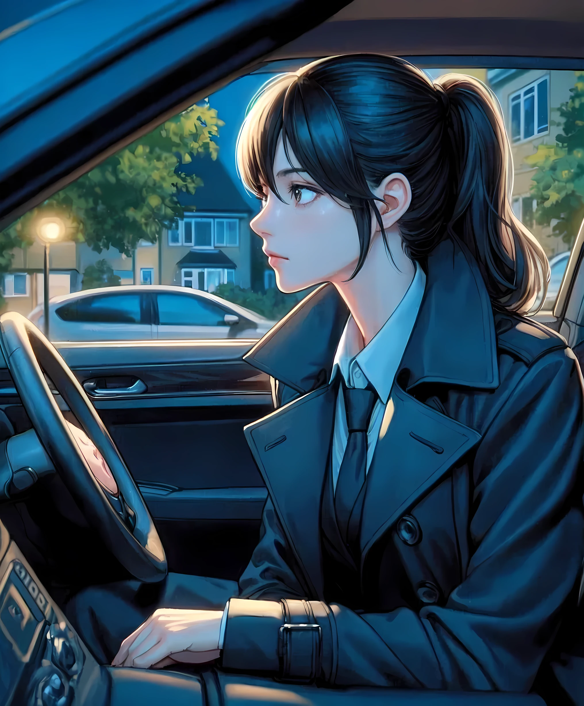 1lady sitting, from side, (sitting on car seat), female detective, police, (black trench coat) over business suit, (mature female:0.8), /(black hair/) bangs, (staring into the distance), (light smile:0.4), (facing away), (masterpiece best quality:1.2) delicate illustration ultra-detailed, large breasts, (quiet residential streer) outdoors, (in car), night, (parked car), detailed background
