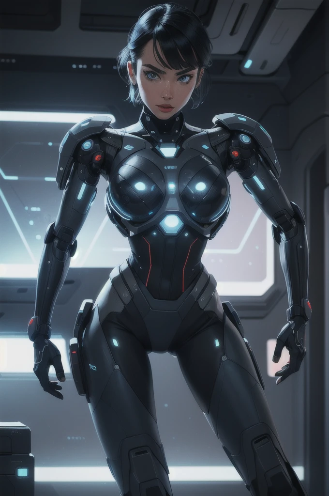cinematic film still, cybernetic style futuristic style space fighter girl, cute, futuristic, sexy, sleek, modern, ultramodern, high tech, detailed, technological, cybernetic enhancements, robotics, artificial intelligence themes, shallow depth of field, vignette, highly detailed, high budget Hollywood movie, bokeh, cinemascope, moody, epic, gorgeous, film grain, grainy
