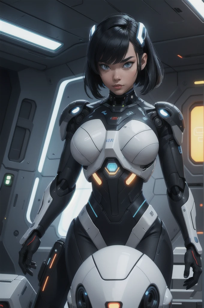 cinematic film still, cybernetic style futuristic style space fighter girl, cute, futuristic, sexy, sleek, modern, ultramodern, high tech, detailed, technological, cybernetic enhancements, robotics, artificial intelligence themes, shallow depth of field, vignette, highly detailed, high budget Hollywood movie, bokeh, cinemascope, moody, epic, gorgeous, film grain, grainy