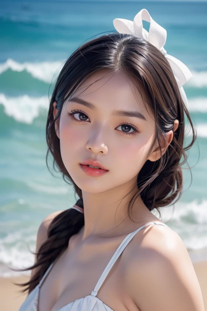 Slender Asian girl，Mid to long range bust photo，Kpop idol，（（Beach volleyball）），（（top Quority，8K，tmasterpiece：1.3）），Medium bust photo，Clear focus：1.2，Beautiful woman with perfect figure：1.4，Detailed face and skin texture，Detailed eyes，being thin，beauitful face，symmetriced face，whole-length，Slightly naked，Raised sexy，Partially visible chest，Medium bust photo，Mid to long range bust photo，
