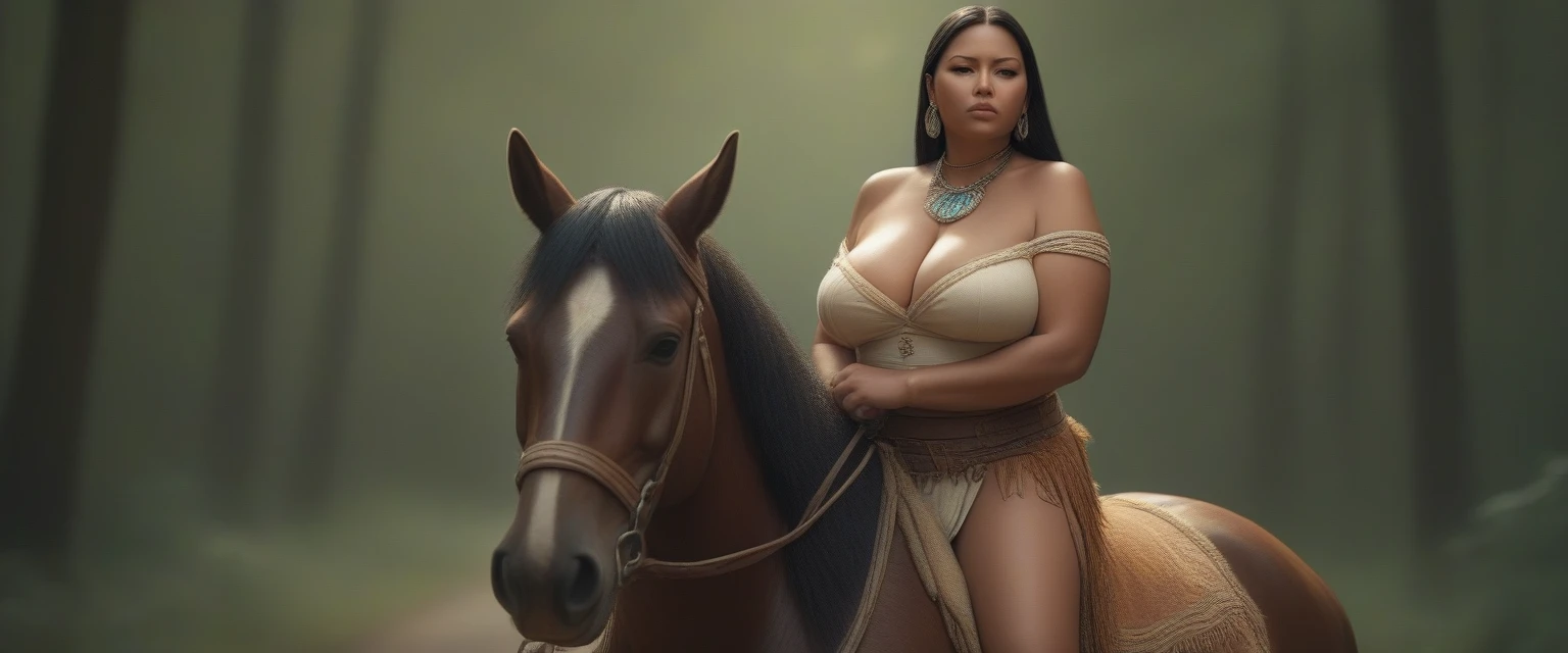 ((masterpiece)), ((best quality)), ((highres)), ((extremely detailed)), ((long shot, back view)), 1 black skinned large BBW girl as Pocahontas costume, full body, Beautiful Native American woman, mature woman, Big breast, (super realistic), (peerless beauty), detailed skin texture, detailed cloth texture, beautiful detailed face, intricate details, ultra detailed, indigenes feather jewelry, feather headdress, traditional handmade dress, (((riding on a huge fat Clydesdale horse))), (((road in the middle of the sparse wood))), ultra realistic, concept art, elegant, ((intricate)), ((highly detailed)), depth of field, ((professionally color graded)), soft ambient lighting, bright midday sun, (Best quality, A high resolution, Photorealistic, primitive, 8K,Masterpiece, ),Best quality, Masterpiec8K.hdr, (vivd colour:1.10). horse and rider in full side view