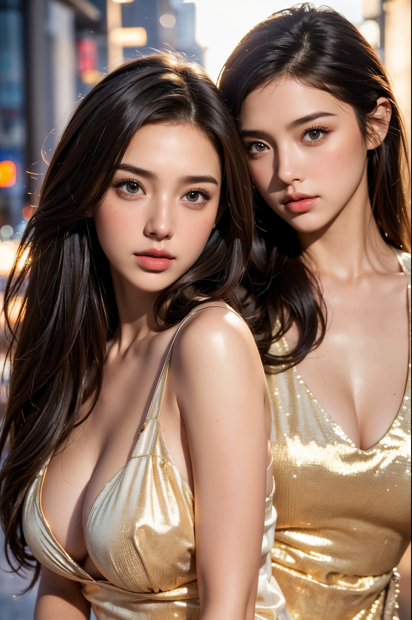 2girls, beautiful detailed eyes, beautiful detailed lips, extremely detailed face and portrait, natural skin, wearing deep v-neck hot sexy blouse and puta dress, charming long black hair, (blonde hair tips), city street background, bokeh, full body, large breasts, (best quality,4k,8k,highres,masterpiece:1.2),ultra-detailed,(realistic,photorealistic,photo-realistic:1.37),vivid colors,studio lighting