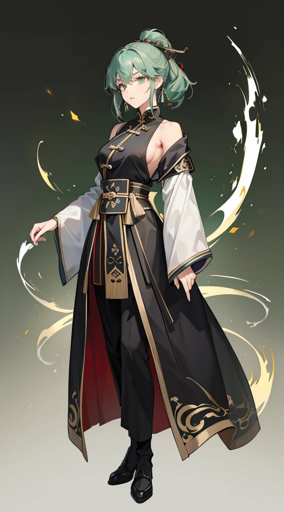 Masterpiece, Best quality, 1 Female, Mature Woman, Elder Sister, Royal Sister, Cold Face, strong, green eyes, wolfcur hair, smoky color hair, resolute eyes, simple white Taoist Taoist uniform, black accessories, sarashi, one shoulderancient, Chinese mix morden, full body, blank background, remove background
