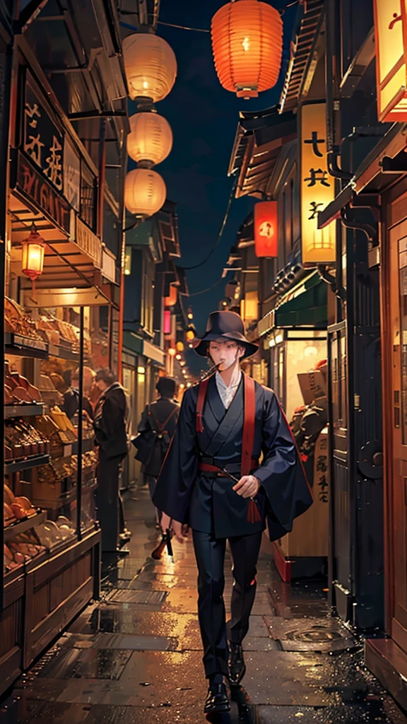 Man holding a smoking pipe,Japanese style architecture,night,Lantern,Busy places