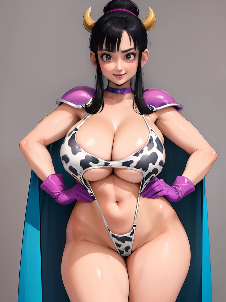 Cow Lingerie, Hands on the hips, enthusiastic, Super detailed face, Super detailed body, seductive body, chichi_DBZ, standing, Alone, Big_old, chichi_Bikini_armor, Masterpiece, Best Quality, detailed face, detailed eyes, high resolution, Honda, Super tight slingshot, Giant  old, Pussy , legs open , beautiful smile, excited face, biting her lips seductively, Smile with your mouth closed, Uspscale top, milf 