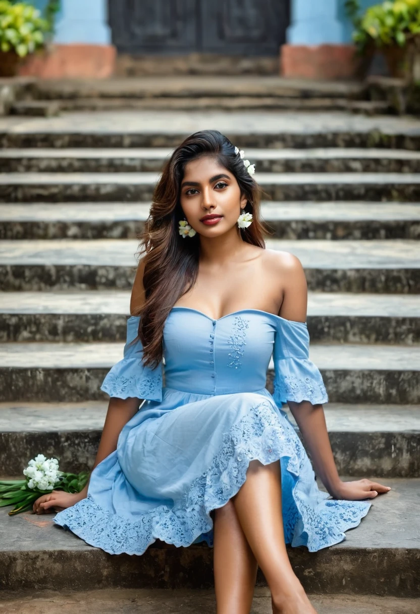 one pretty Woman sitting on steps with legs crossed wearing a light blue off shoulder cotton frock with flowers designed on it she has big and hot body, in a background of Srilanka