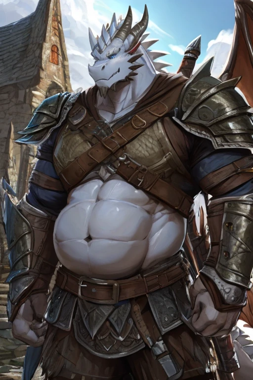 A large attractive muscular male Anthro Platinum dragon Massive guy, extremely muscular, looks protective and possessive,, seductive, wearing spiky armor, large muscles, big, bara, in Whiterun Guard armor, White scales, Guard, Skyrim guard armor, Skyrim Guard, Whiterun, Big belly, Pred, dragon,