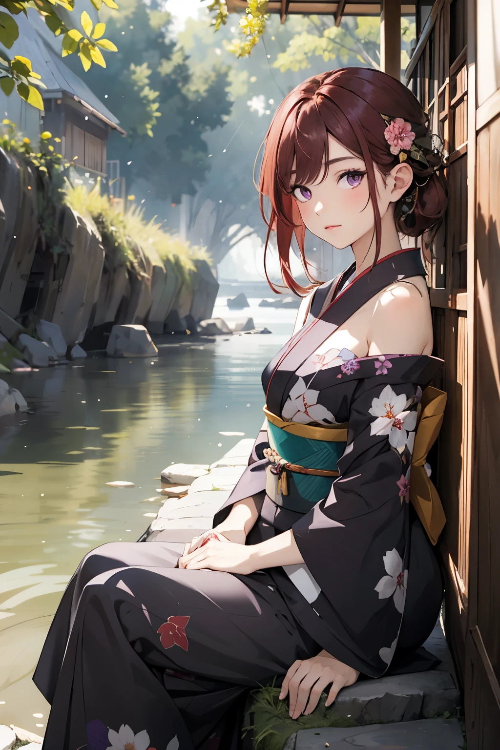 real, 1girl, Red hair, Purple eyes,  Japanese kimono decorated with flowers, shore, Light particles, Rays of light, Wall paper, Bare shoulders sitting by the river 
