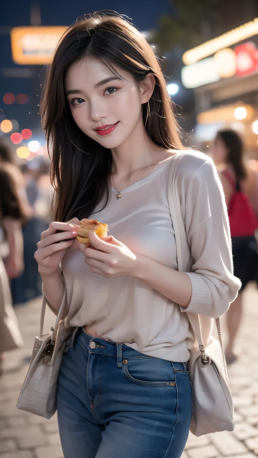 Bustling night market. The woman was wearing casual clothing, Bring snacks, Her face was full of joy and satisfaction..