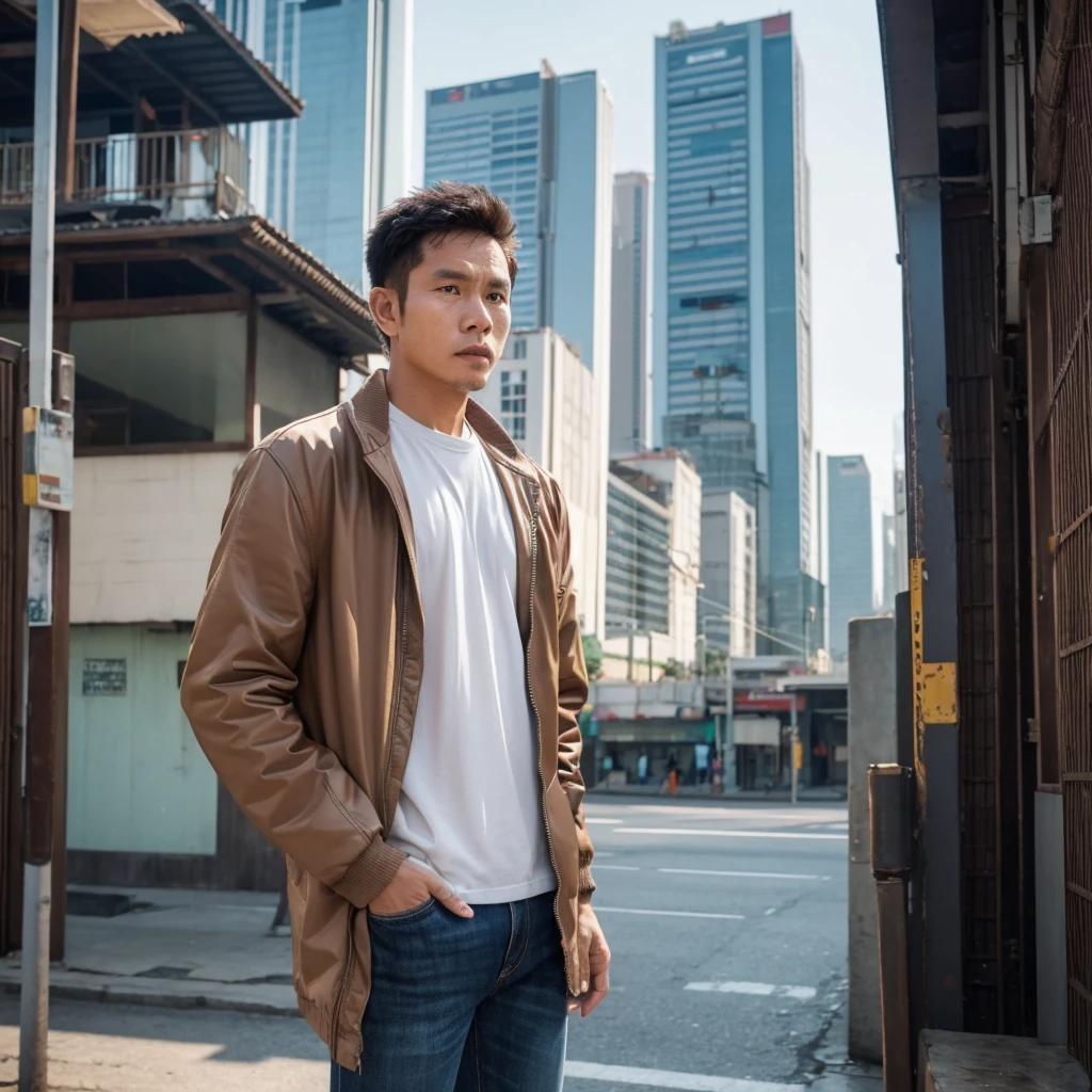 an Indonesian man wearing a jacket and standing straight facing the front. The photo was taken from a front position, urban background, the image looks like it was taken by a professional photographer.