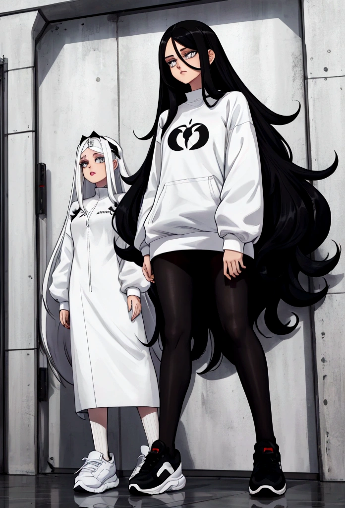 Age 22, white skin girl, almost speaks, Bblack hair, extremely long hair, Cramped, black pantyhose, black sneakers, Bblack hair, hair between the eyes, White hair, cloused mouth, range, cabelo bagunçado saia formal Bblack hair grande extremely long hair olhos cinzas