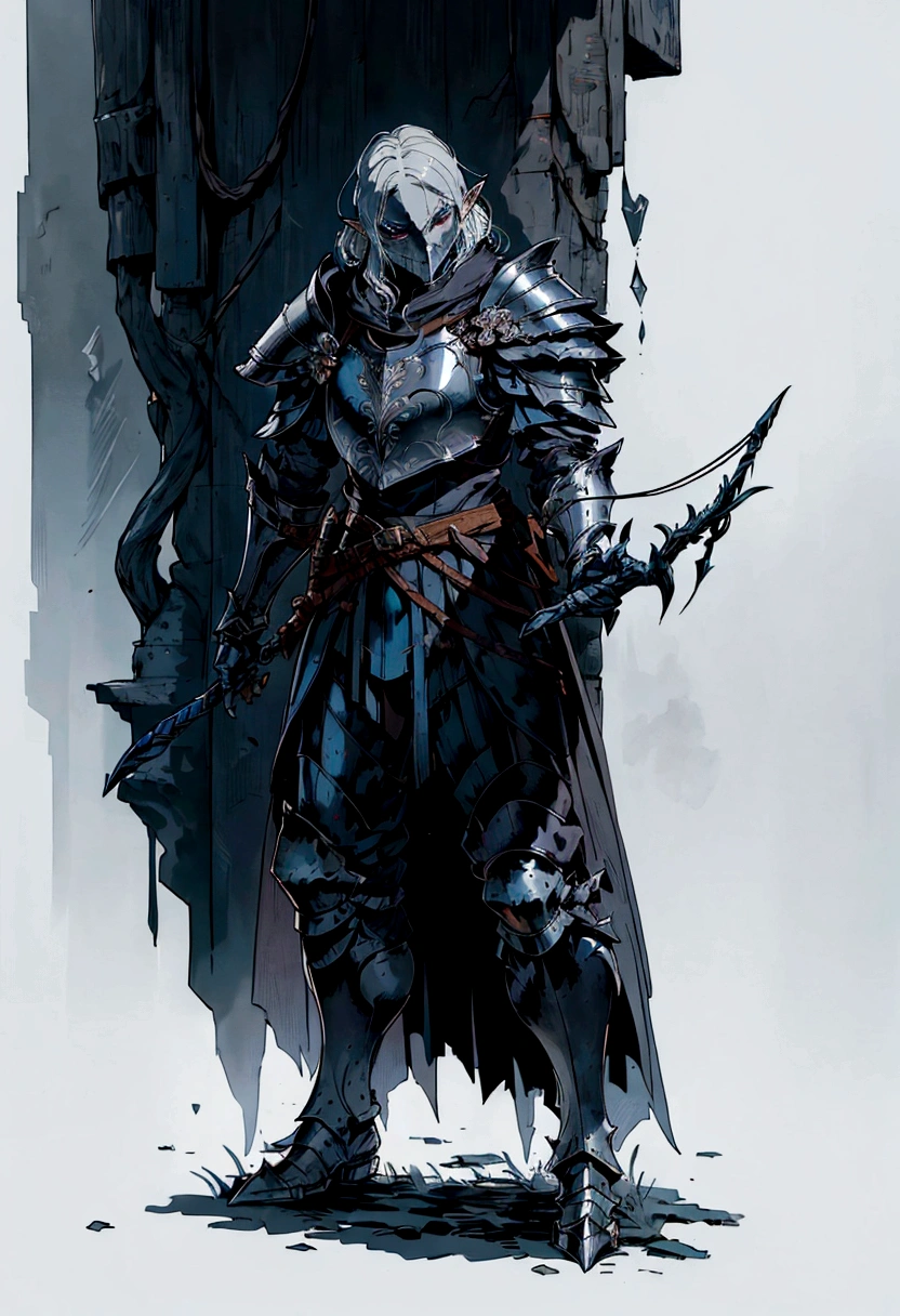 a close up of a person in armor holding a bow and arrow, dragon age concept art, concept art of a warrior, some curved armor, pale black armor, male drow, the witcher concept art, medieval concept art, grey armor, elf knight, male elf ranger, heavily armored, dark souls concept art, black armor, rogue class warrior class, black armour