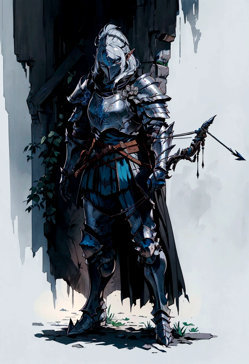 a close up of a person in armor holding a bow and arrow, dragon age concept art, concept art of a warrior, some curved armor, pale black armor, male drow, the witcher concept art, medieval concept art, grey armor, elf knight, male elf ranger, heavily armored, dark souls concept art, black armor, rogue class warrior class, black armour