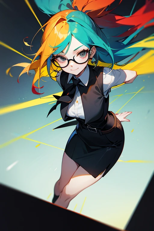 tall girl, colourful hair, Red hair, blue hair, green hair, secretary attire, black vest, colorful skirt, glasses on the head, defined hands, defined legs, defined face, black eyes, black left eye, right eye colors, Waist length hair, belt, defined smile, look ahead, office, fondo de office, medium bust, black tie. Yellow hair, colored highlights, hair