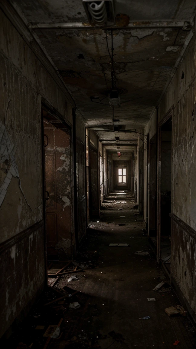 A dark and abandoned hospital, decrepit hallways, overturned beds, peeling walls, flickering lights, rusted medical instruments