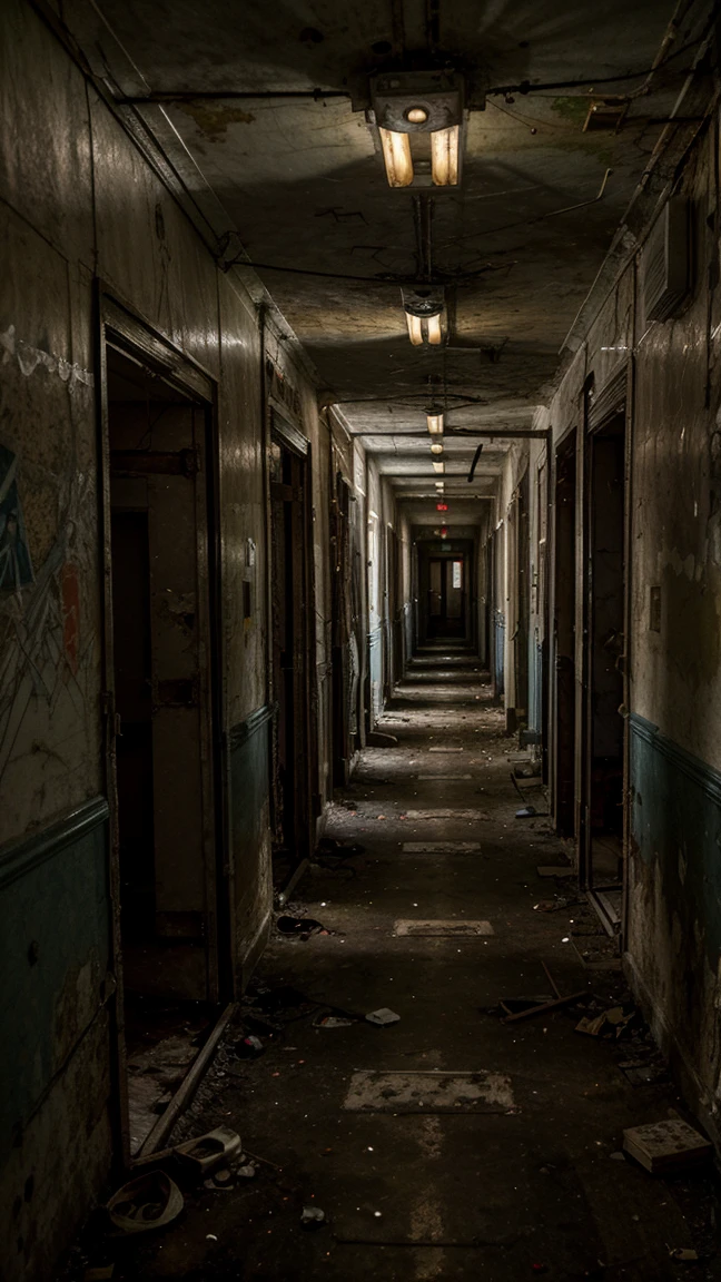 A dark and abandoned hospital, decrepit hallways, overturned beds, peeling walls, flickering lights, rusted medical instruments